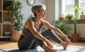 Exercices adaptés : Quels types pratiquer pour un entraînement efficace ? Femme d'âge moyen faisant du yoga dans un salon lumineux