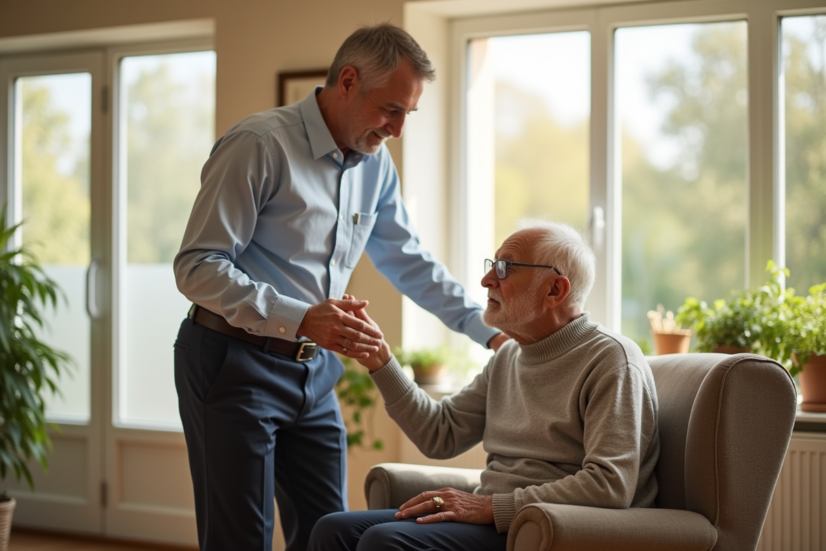 Fils aidant son pere a se lever dans un salon lumineux