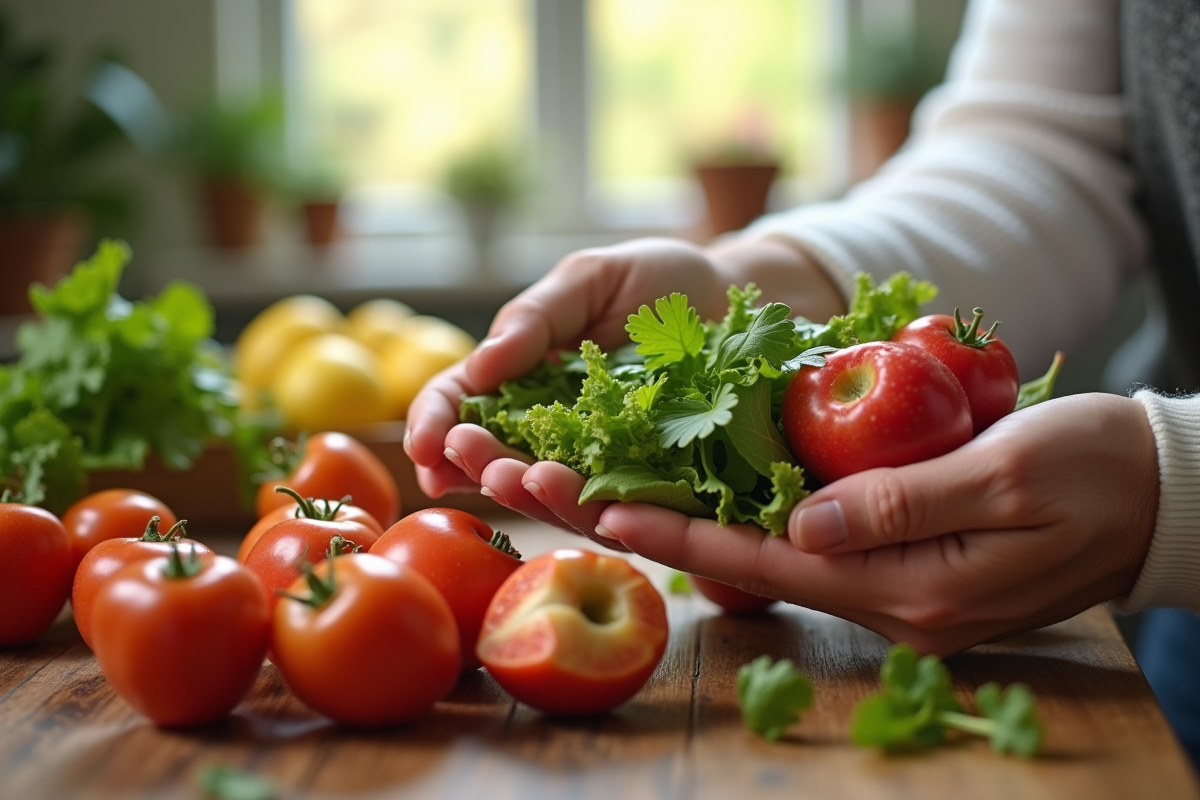 Mains tenant des fruits et légumes pour la santé des os