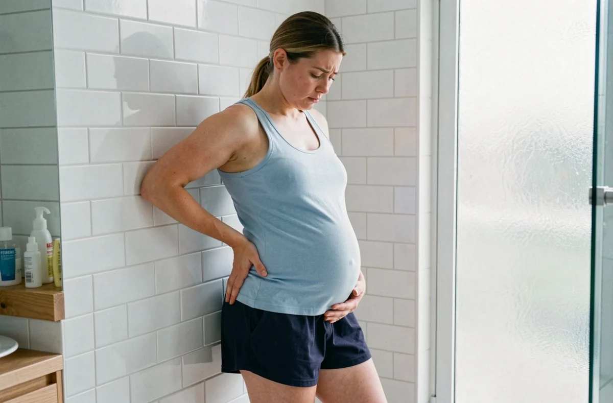 Femme enceinte debout dans une salle de bain, main posée sur la zone de l'aine et de la hanche, posture de douleur légère