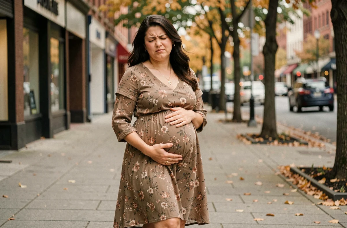 Femme enceinte marchant dans la rue, main sur la zone de l'aine, expression de douleur légère, photographie urbaine candide
