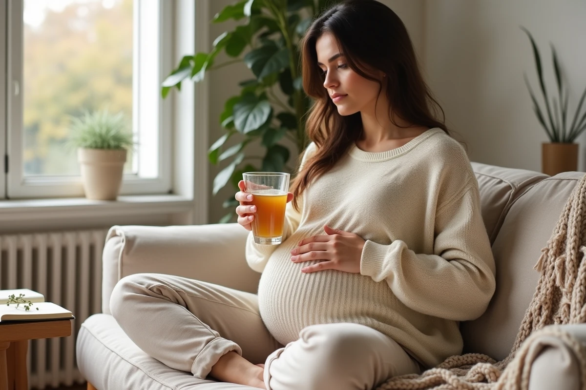 Femme enceinte détendue buvant une infusion sur un canapé scandinave au salon