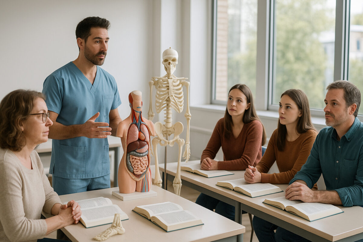 Groupe d'adultes écoutant un instructeur en kinésiologie dans une salle lumineuse