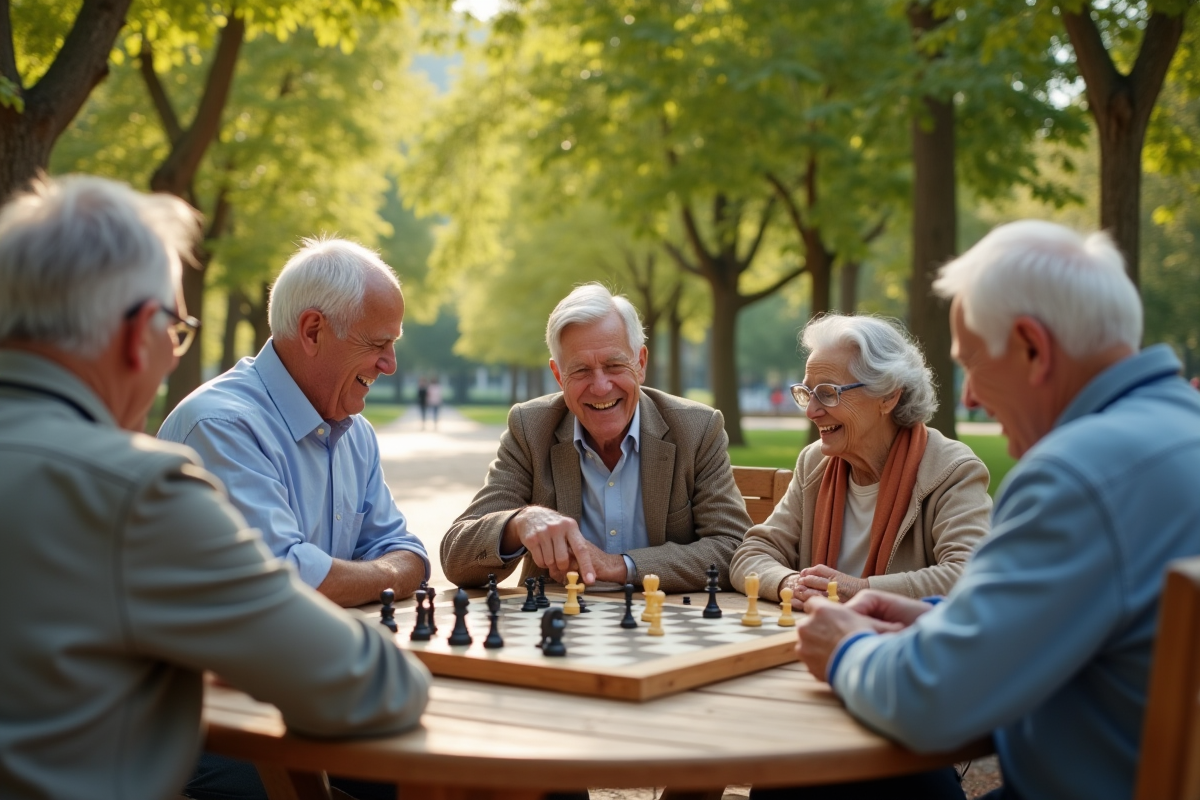 Groupe de seniors jouant aux échecs dans un parc ensoleille