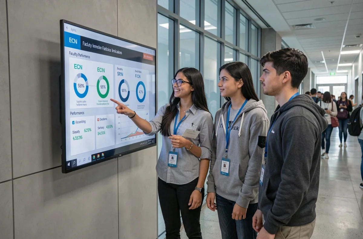 Groupe d'étudiants en médecine analysant les indicateurs de classement ECN sur un écran interactif dans un couloir universitaire