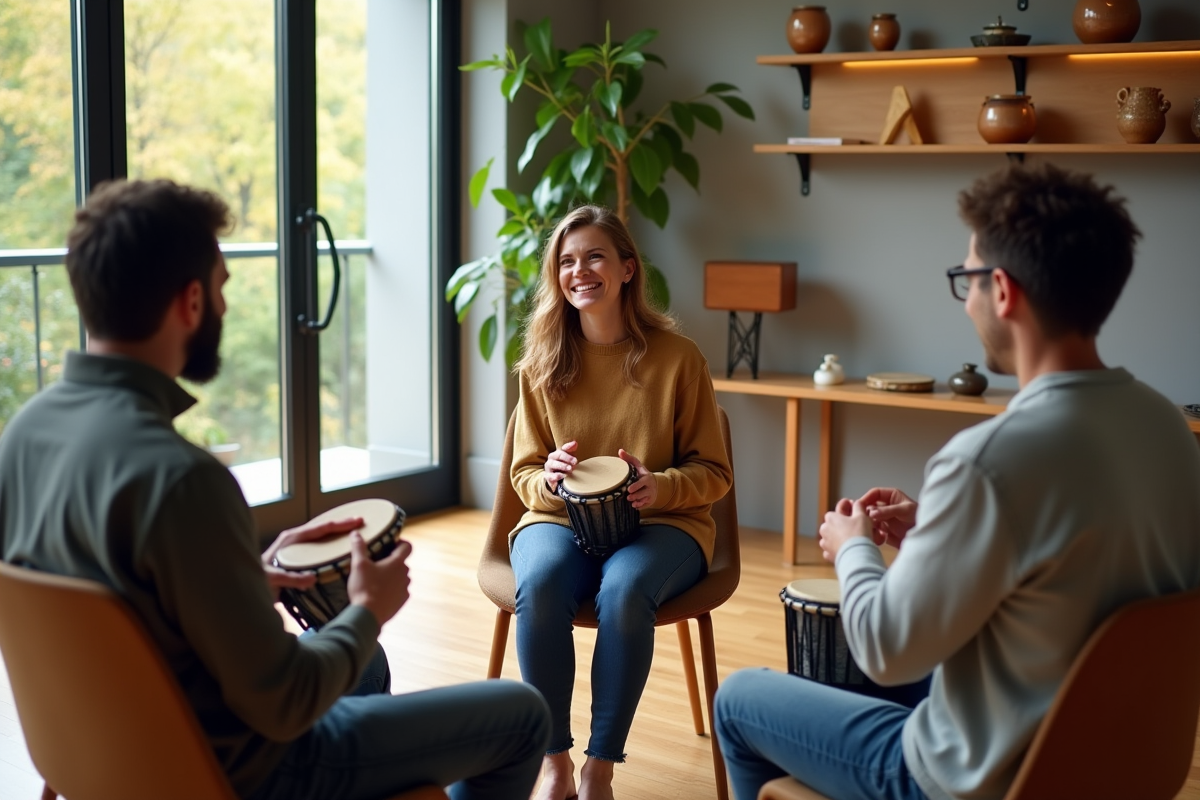 Groupe de personnes jouant percussion en thérapie musicale
