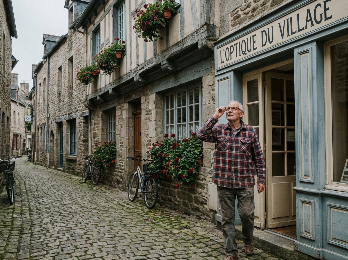 Homme âgé sortant d'une opticerie de village et découvrant le monde avec de nouvelles lunettes dans une rue pavée
