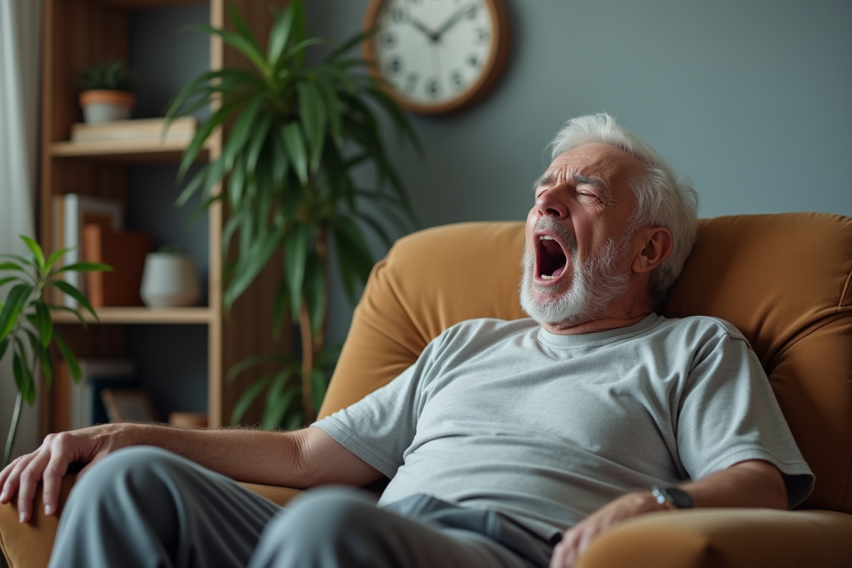Homme âgé assis dans un fauteuil en train de bâiller