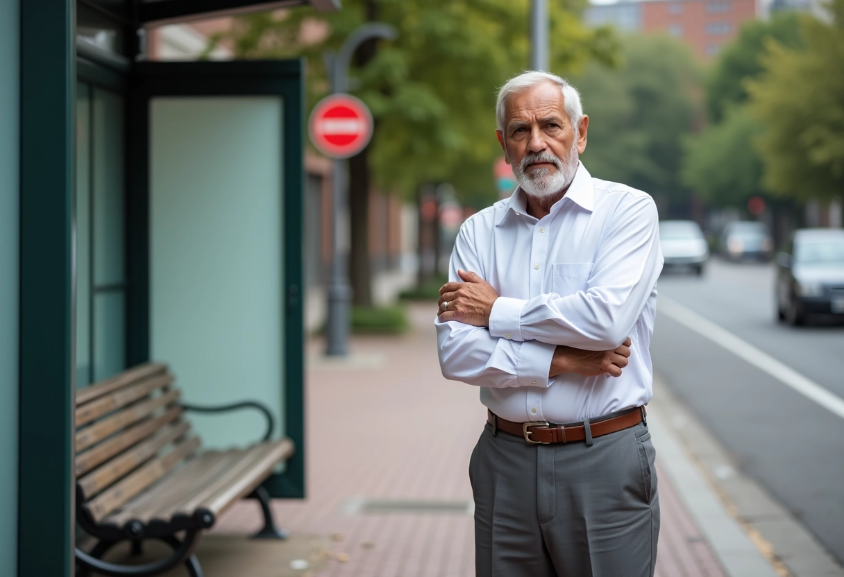Homme âgé attendant à un arrêt de bus urbain