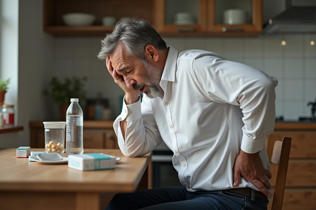 Homme préoccupé touchant son dos dans la cuisine