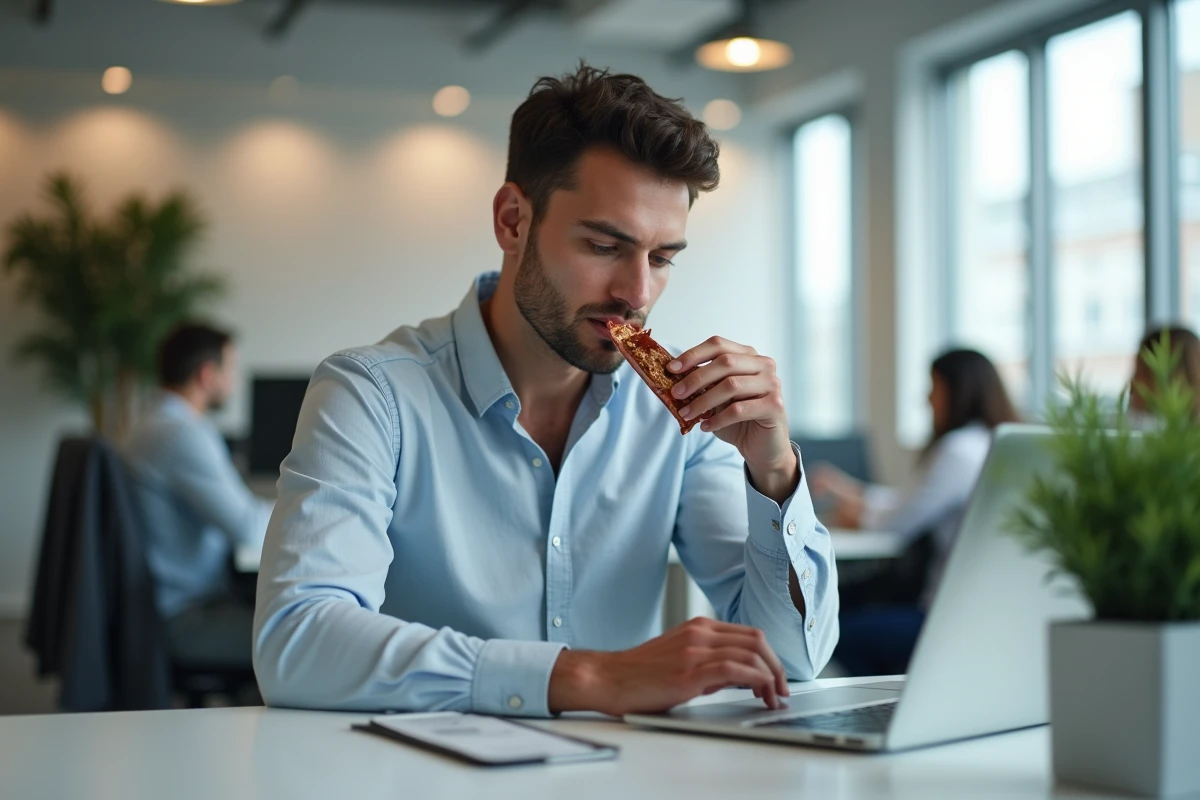 Homme en pause déjeuner au bureau mangeant une barre protéinée Feed devant son ordinateur portable