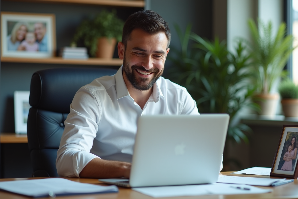 Homme au bureau regardant une photo de famille
