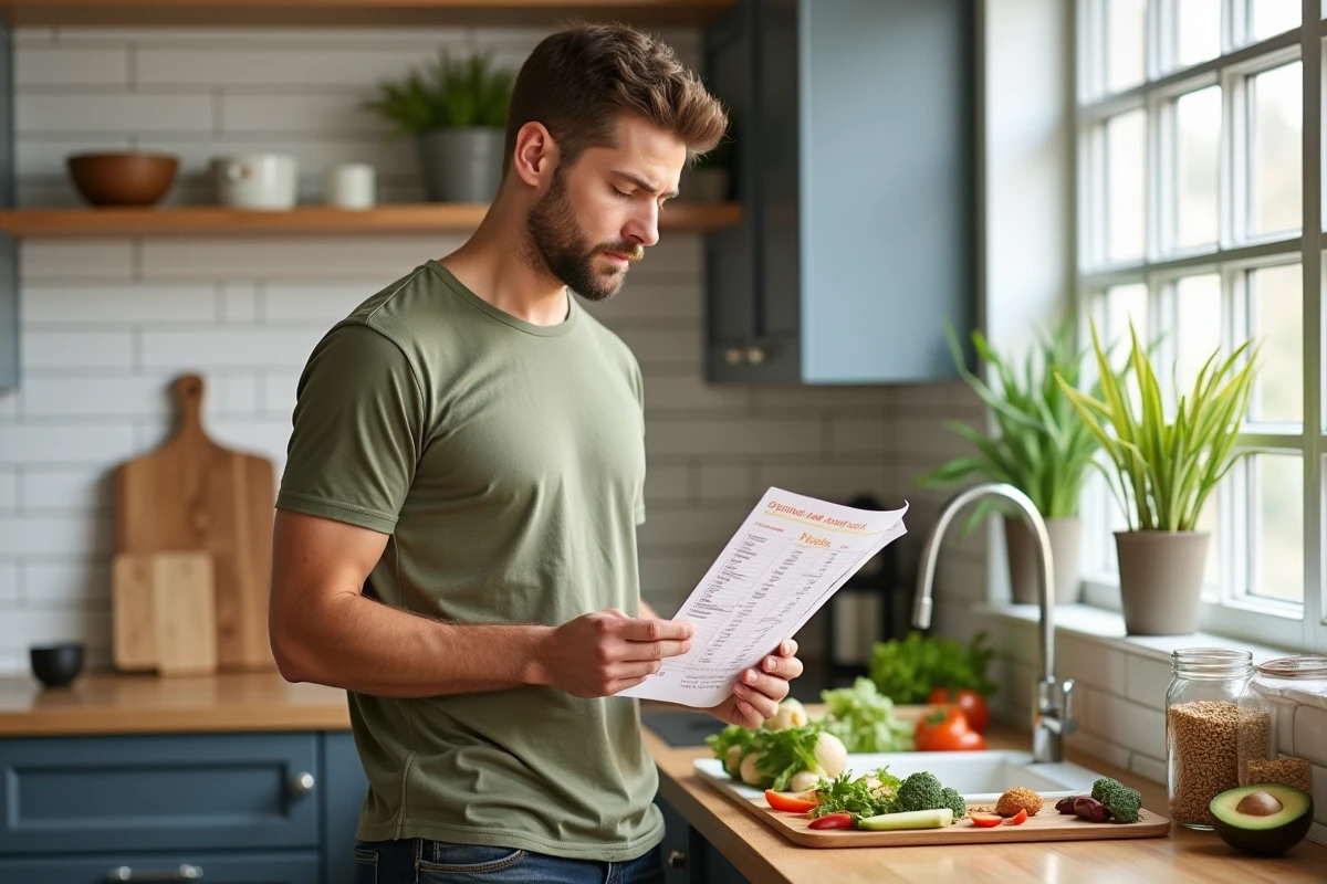 Homme consultant un tableau de charge glycémique en cuisinant un repas équilibré dans une cuisine moderne