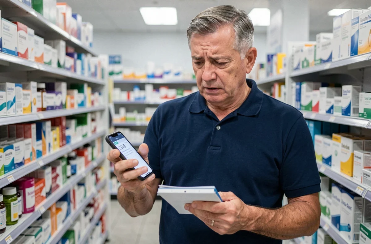 Homme d'âge mûr comparant ses relevés de glycémie entre une application mobile de suivi du diabète et un carnet de notes dans une pharmacie