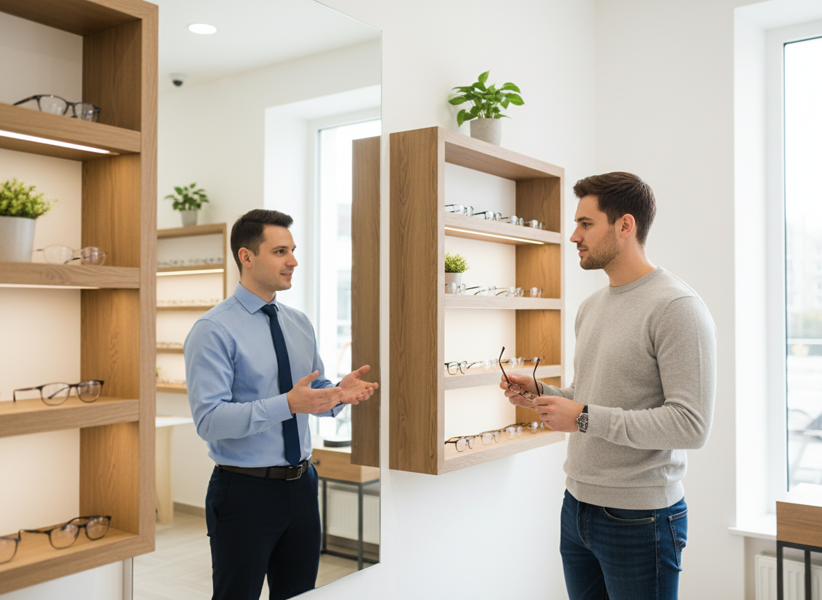 Homme discutant avec un opticien dans un magasin lumineux
