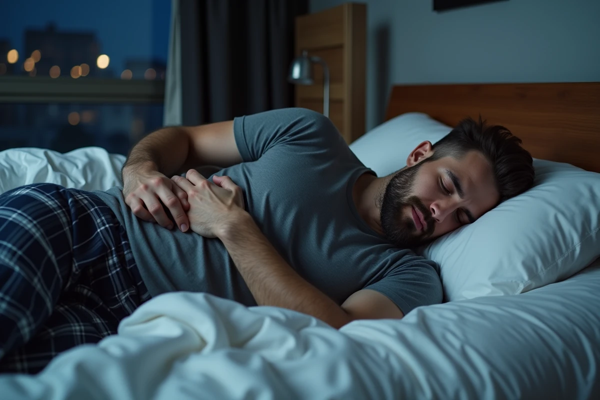 Homme couché dans son lit avec douleur au côté