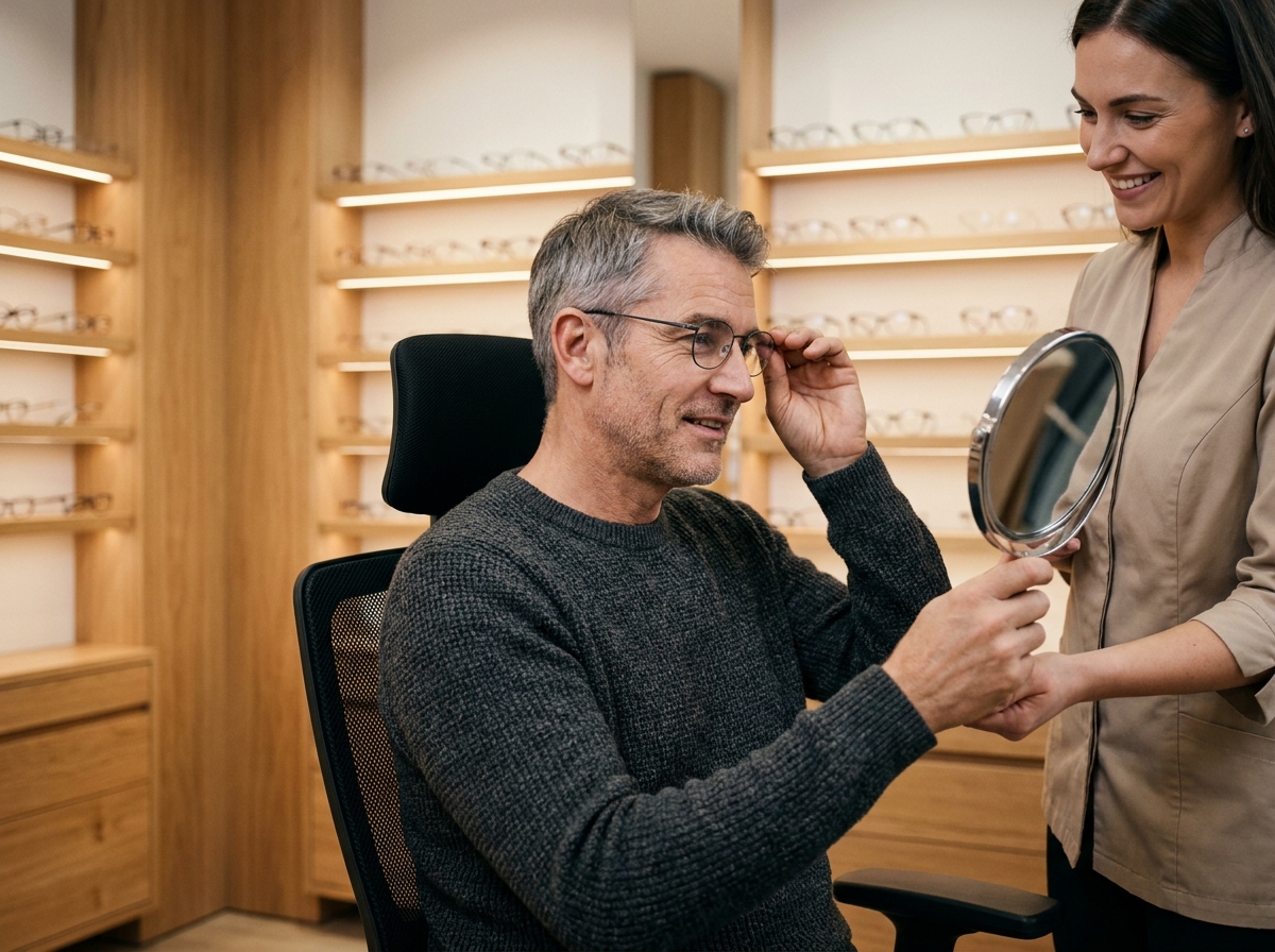 Homme essayant des lunettes de prescription avec l'aide d'une opticienne dans un magasin d'optique contemporain
