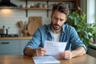 Homme examinent un rapport médical dans la cuisine