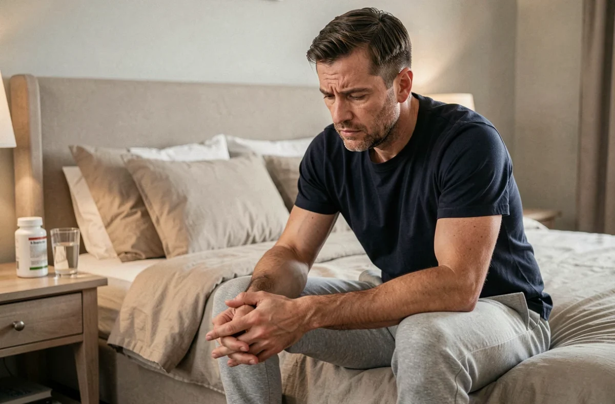 Homme fatigué assis sur un lit réfléchissant aux effets secondaires d'une cure de compléments alimentaires