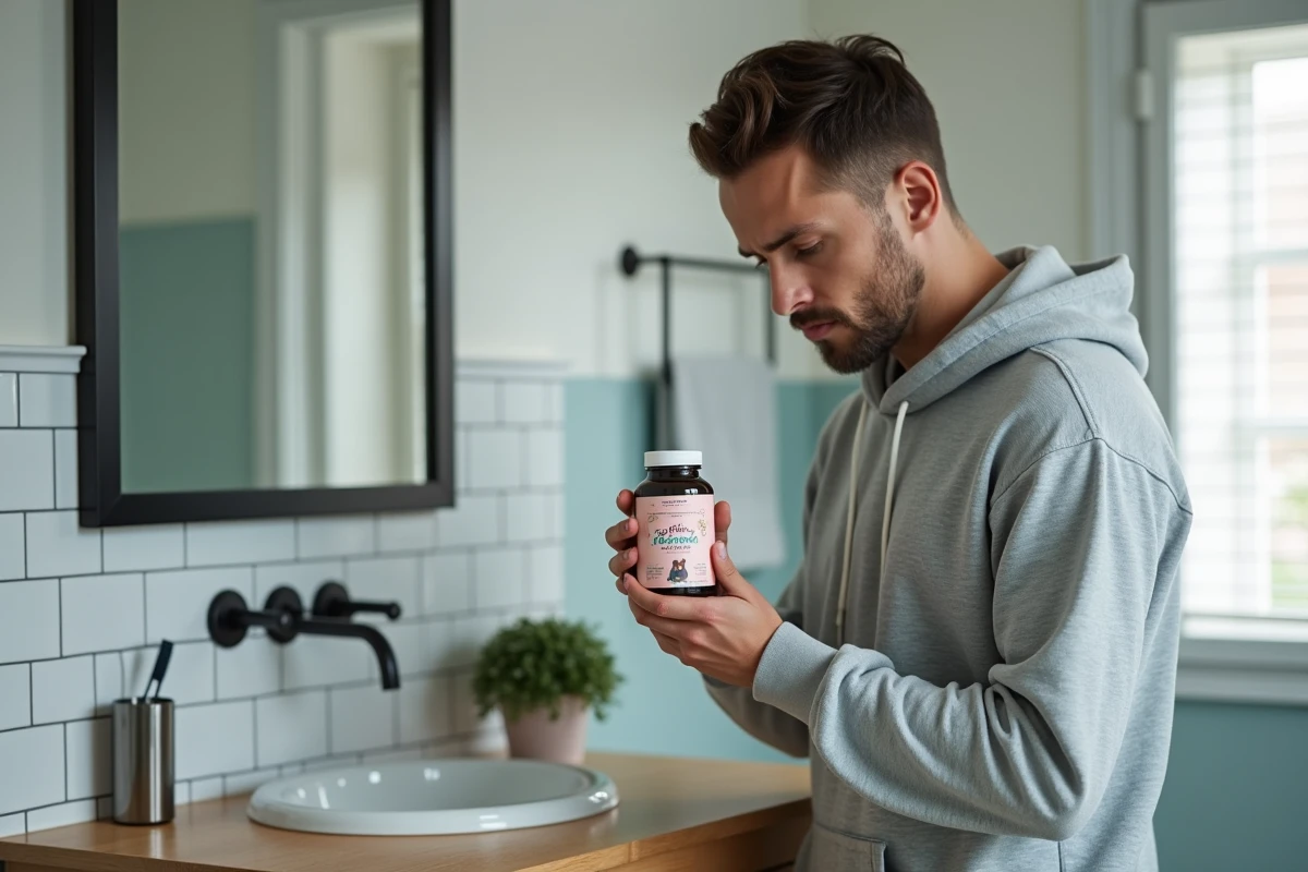Homme lisant l'étiquette d'un flacon de gummies oursons complément alimentaire dans une salle de bain