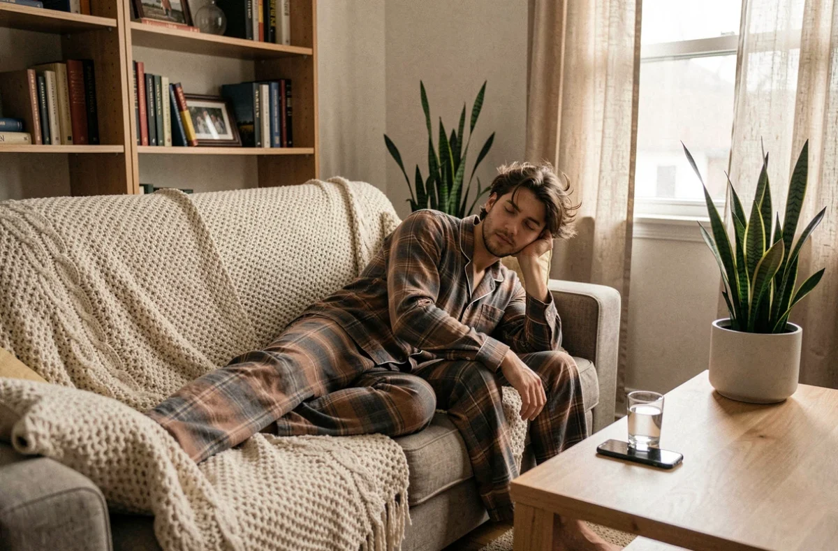 Jeune homme en isolement Covid chez lui allongé sur un canapé avec couverture et verre d'eau