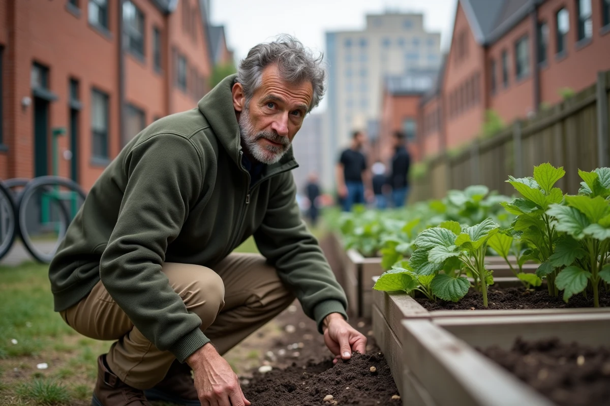 Homme inspecte un potager urbain communautaire en plein air dans un quartier écologique de ville