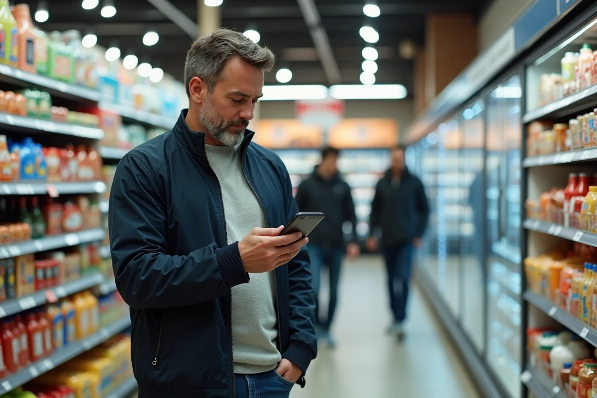 Homme comparant une étiquette nutritionnelle avec son téléphone dans un rayon de supermarché pour respecter un plan de régime