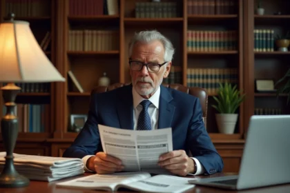 Homme lisant des articles de presse imprimés concernant de fausses informations sur la santé d'une personnalité politique