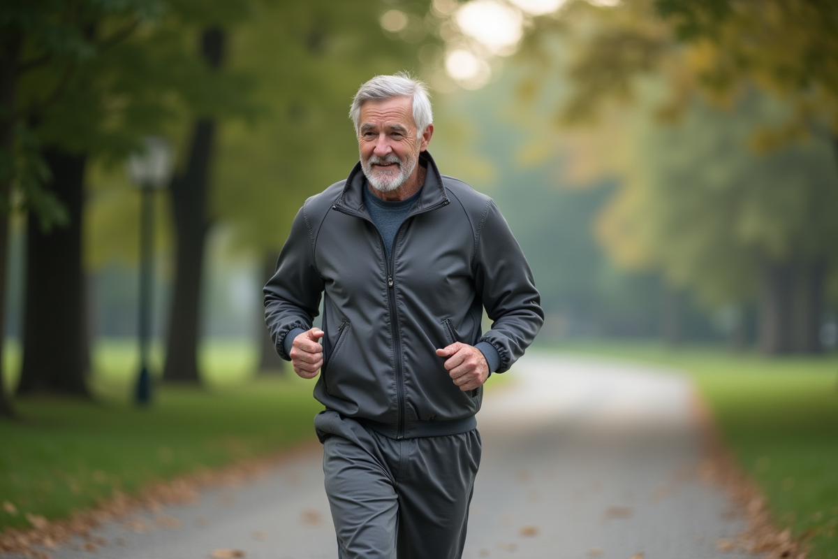Homme âgé marchant dans un parc urbain au matin