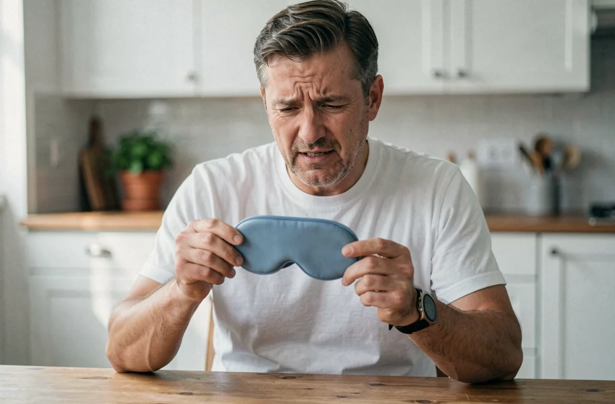 Homme tenant un masque gel réutilisable pour migraine dans une cuisine, regard concentré avant utilisation