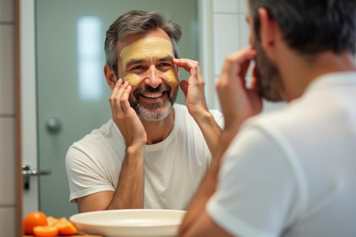 Homme appliquant un masque de persimmon dans sa salle de bain