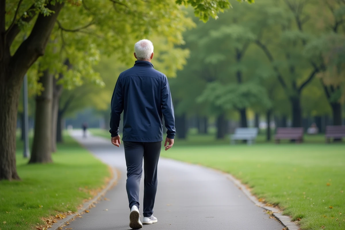 Homme pratiquant la marche consciente dans un parc vert