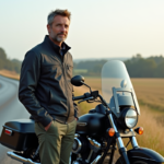 Perte de poids en moto : les vrais effets sur votre corps Homme en gear moto debout à côté d'une moto en campagne