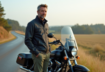 Perte de poids en moto : les vrais effets sur votre corps Homme en gear moto debout à côté d'une moto en campagne