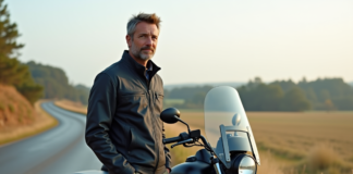 Perte de poids en moto : les vrais effets sur votre corps Homme en gear moto debout à côté d'une moto en campagne