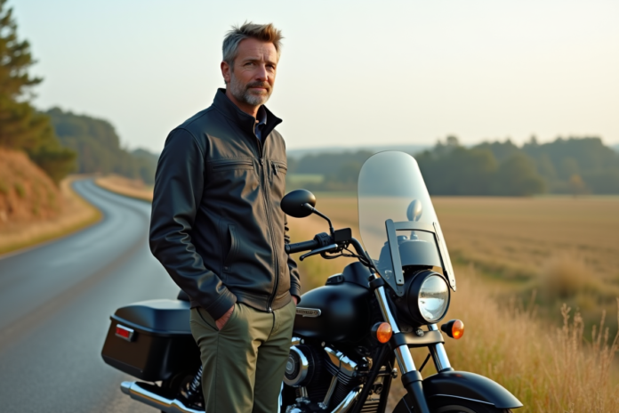 homme-moto-voyage-campagne Homme en gear moto debout à côté d'une moto en campagne