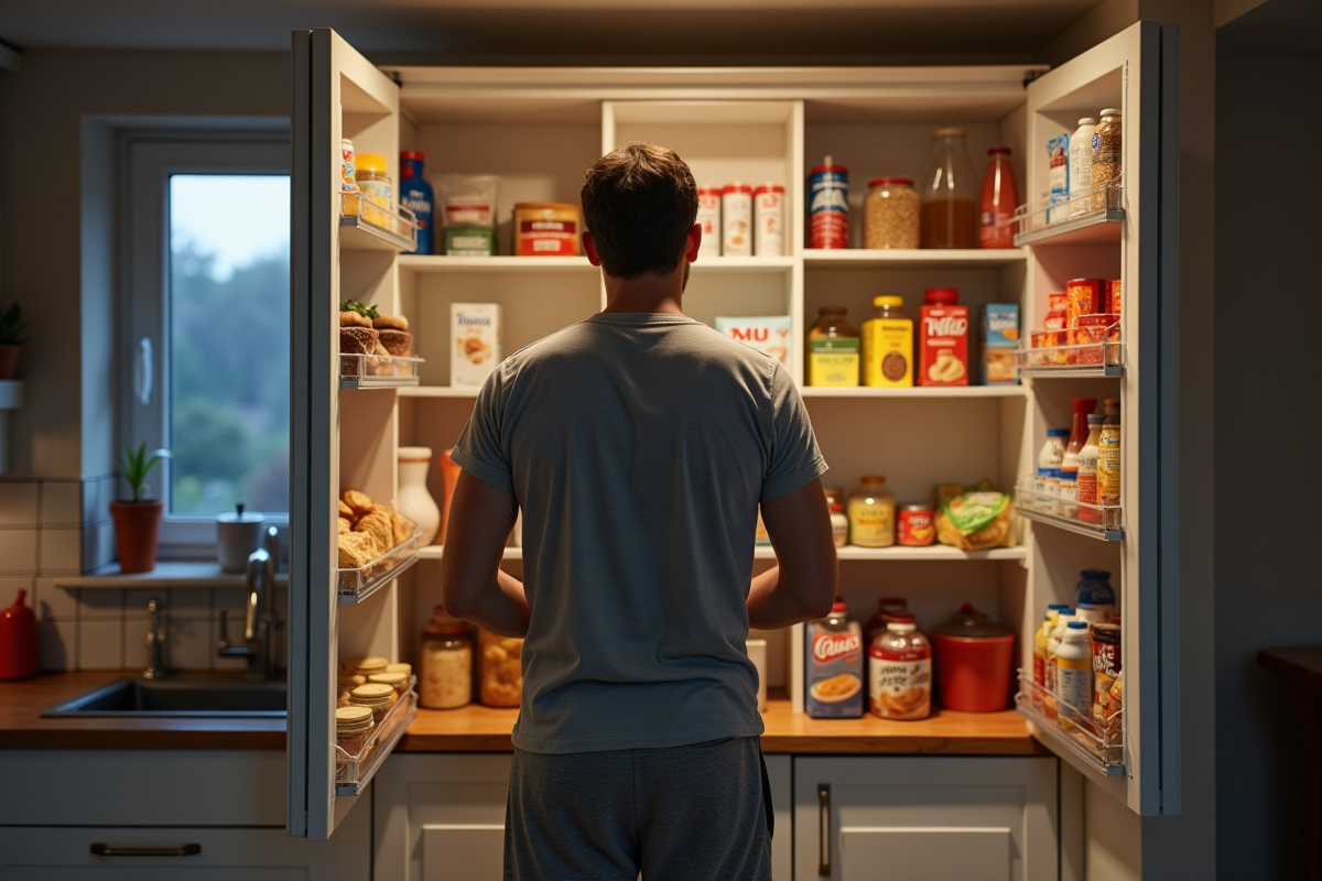 Homme regardant son placard rempli de snacks sucrés