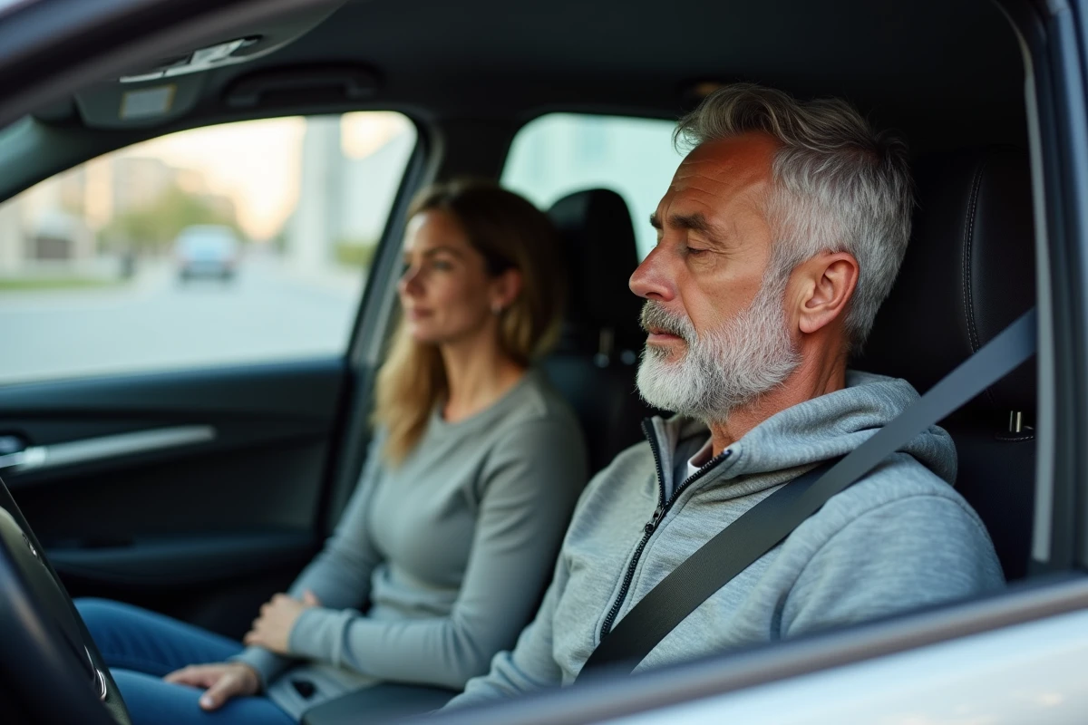 Homme incapable de conduire après une anesthésie générale, assis en passager dans une voiture conduite par une accompagnante