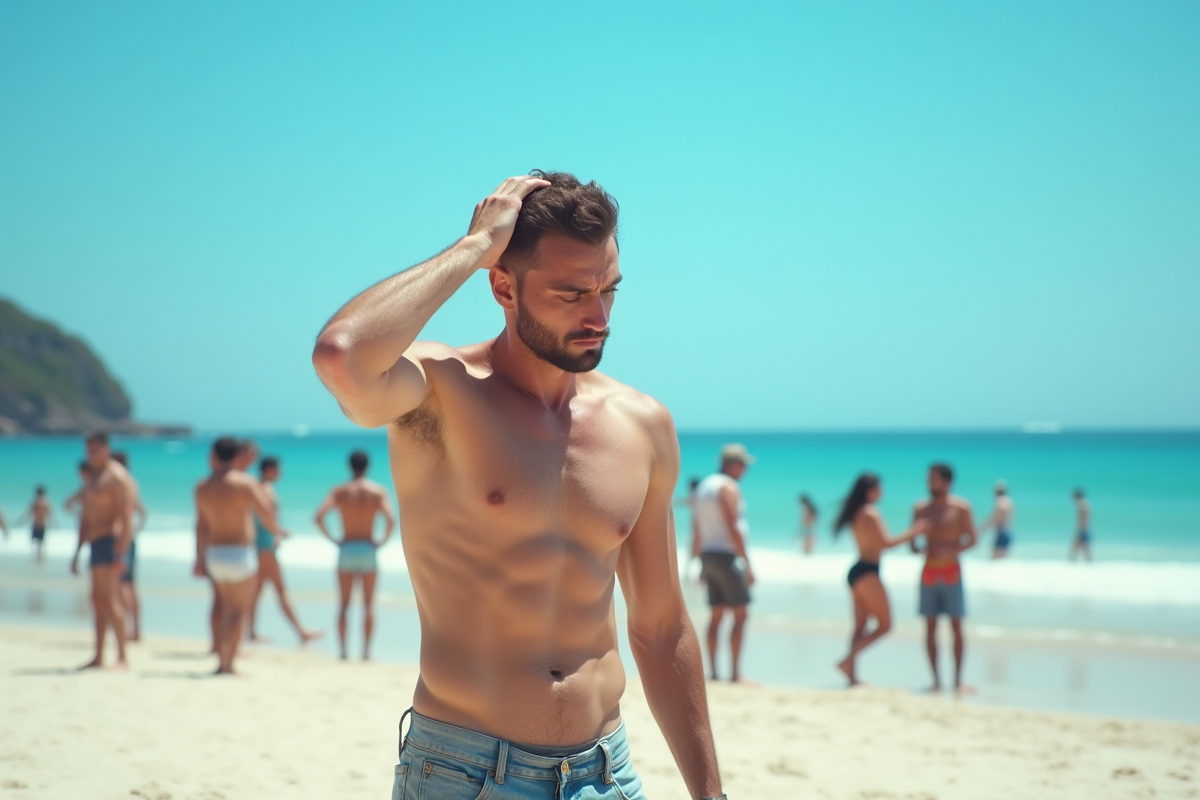 Homme stressé sur la plage entouré de touristes
