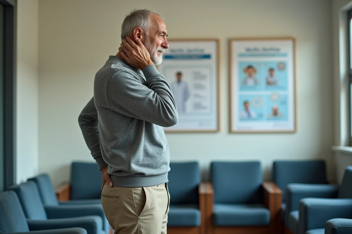 Homme âgé se masse le cou dans une salle d