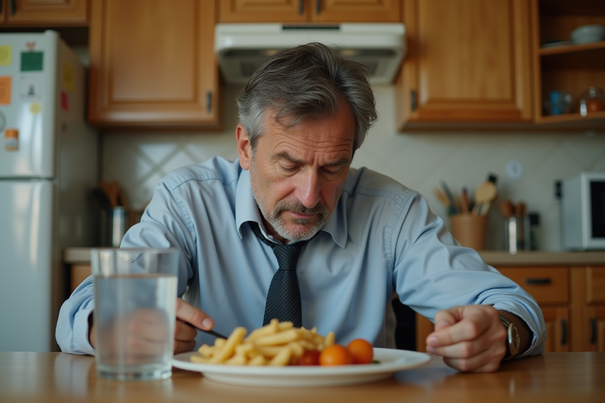 Homme fatigué à la table de cuisine avec repas inachevé
