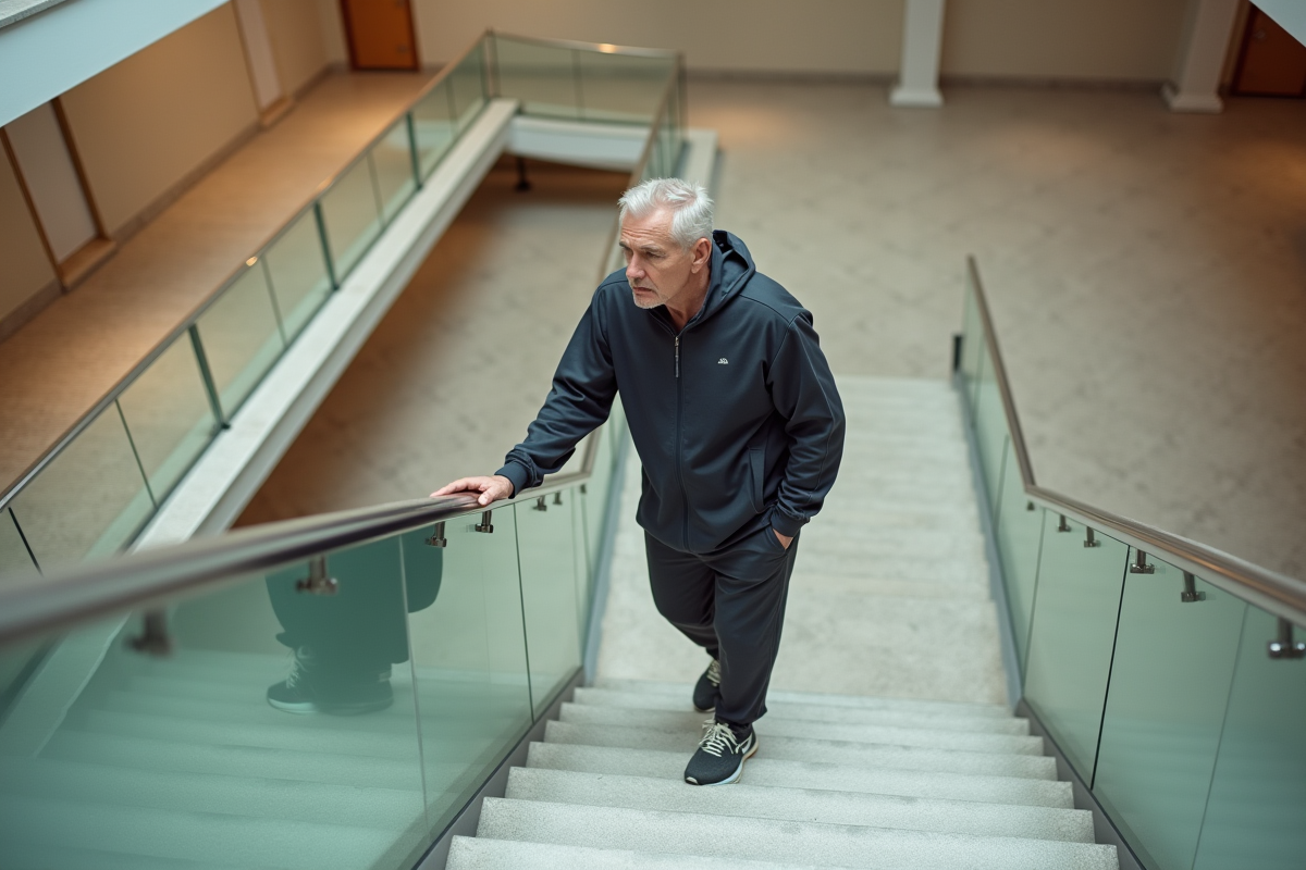 Homme pensif sur un escalier intérieur moderne