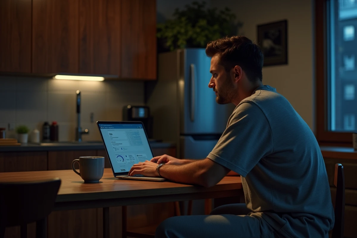 Homme regardant ses résultats de sommeil au réveil dans la cuisine