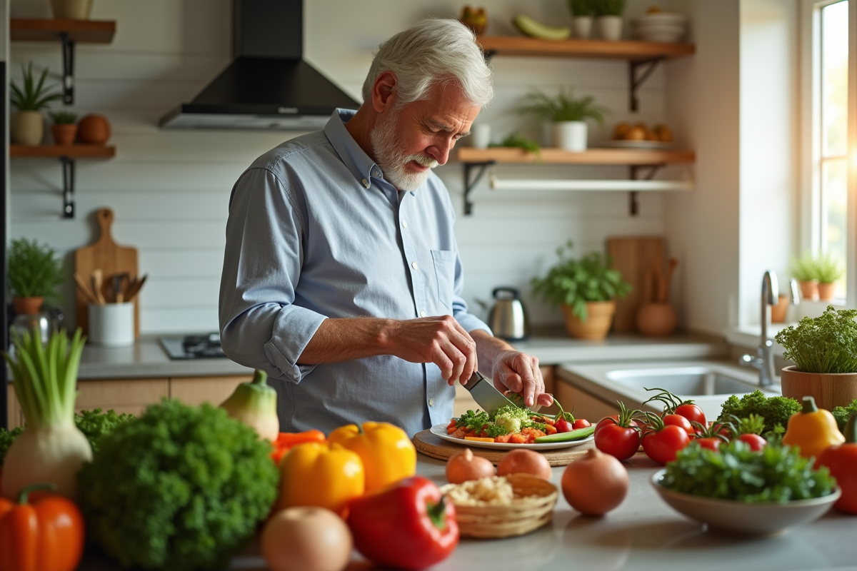 Homme en forme préparant un repas sain dans une cuisine lumineuse