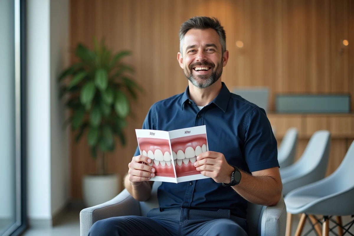 Homme dans une salle d'attente dentaire consultant une brochure sur les résultats du blanchiment The Smilist