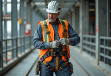 Dispositifs pour limiter blessures chute : équipements sécurité efficaces Homme en équipement de sécurité sur un chantier
