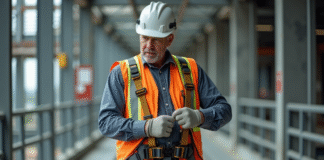 Dispositifs pour limiter blessures chute : équipements sécurité efficaces Homme en équipement de sécurité sur un chantier