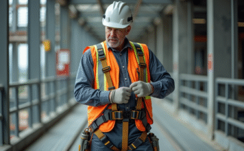 Dispositifs pour limiter blessures chute : équipements sécurité efficaces Homme en équipement de sécurité sur un chantier