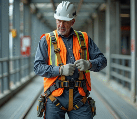 Dispositifs pour limiter blessures chute : équipements sécurité efficaces Homme en équipement de sécurité sur un chantier