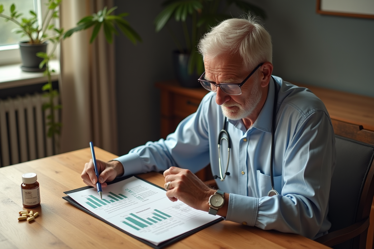 Homme senior examinant une brochure sur la santé des os avec capsules K2